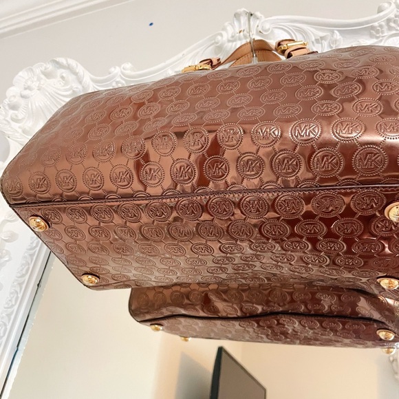 MICHAEL KORS Bronze Signature Logo Patent Leather Grayson Satchel Shoulder Bag - Picture 5 of 12